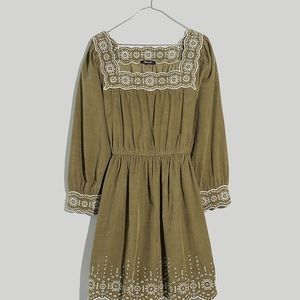 Madewell Embroidered Corduroy Square-Neck Mini Dress XS